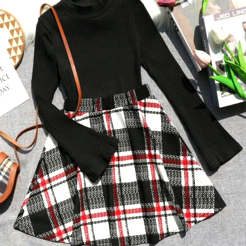Black, White, Red Mock Neck Top And Plaid Skirt